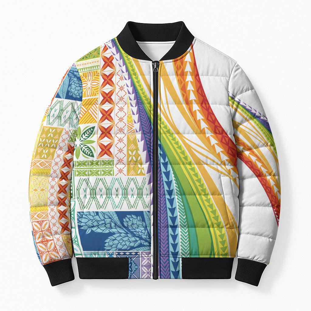 Pasifika Samoa Siapo Malu Tattoo Inspired Bomber Puffer Jacket Fa'afafine Rainbow Theme