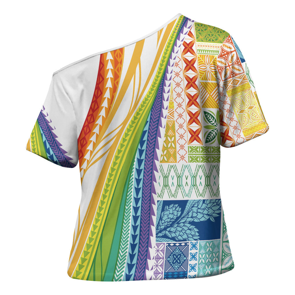 Pasifika Samoa Siapo Malu Tattoo Inspired Cross Shoulder Shirt Fa'afafine Rainbow Theme
