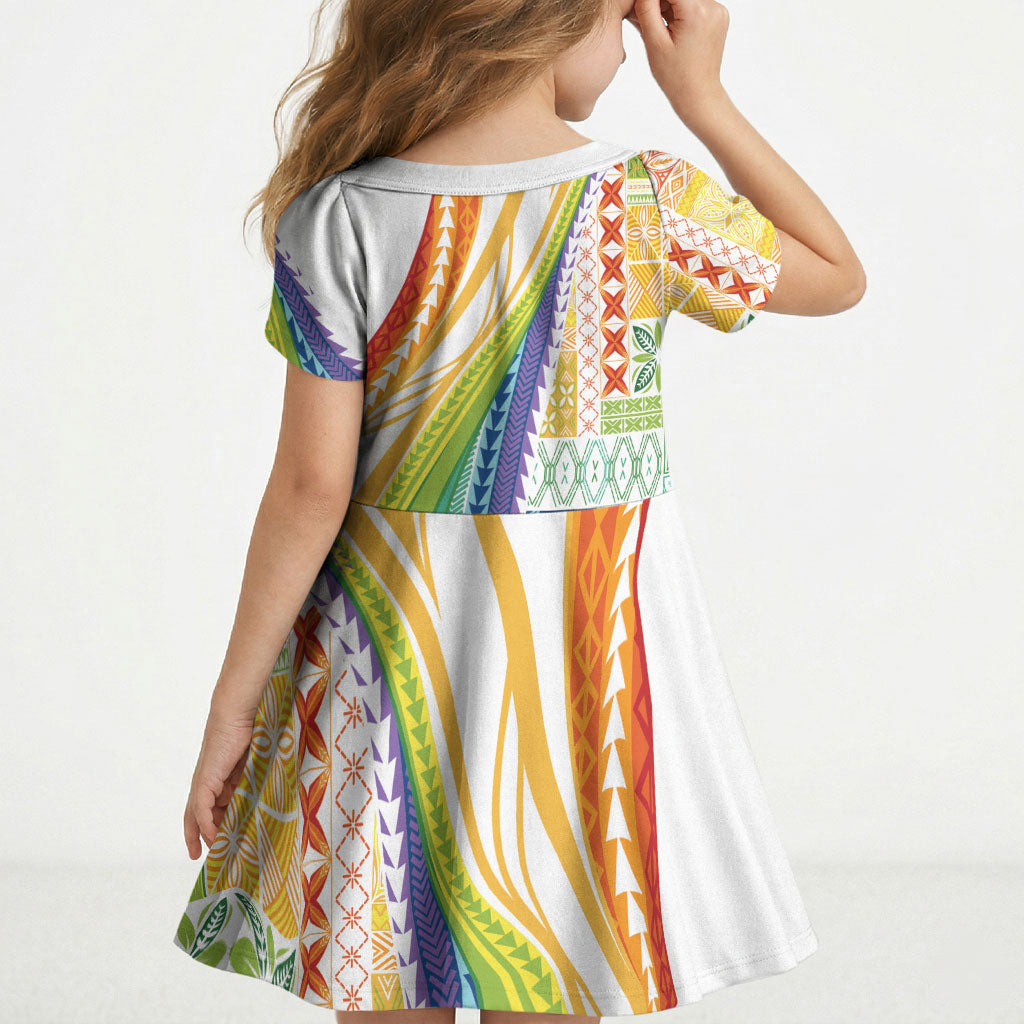 Pasifika Samoa Siapo Malu Tattoo Inspired Kid Short Sleeve Dress Fa'afafine Rainbow Theme