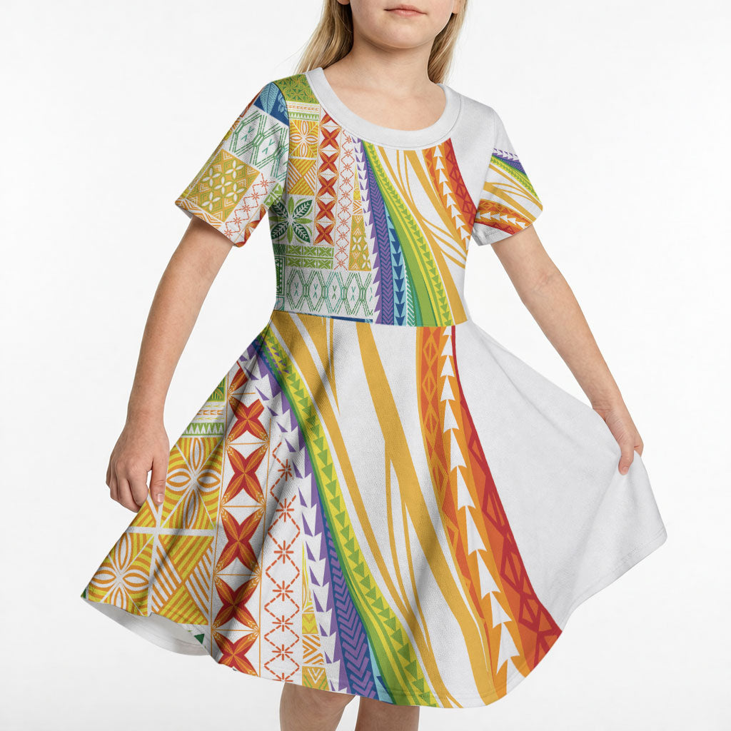 Pasifika Samoa Siapo Malu Tattoo Inspired Kid Short Sleeve Dress Fa'afafine Rainbow Theme