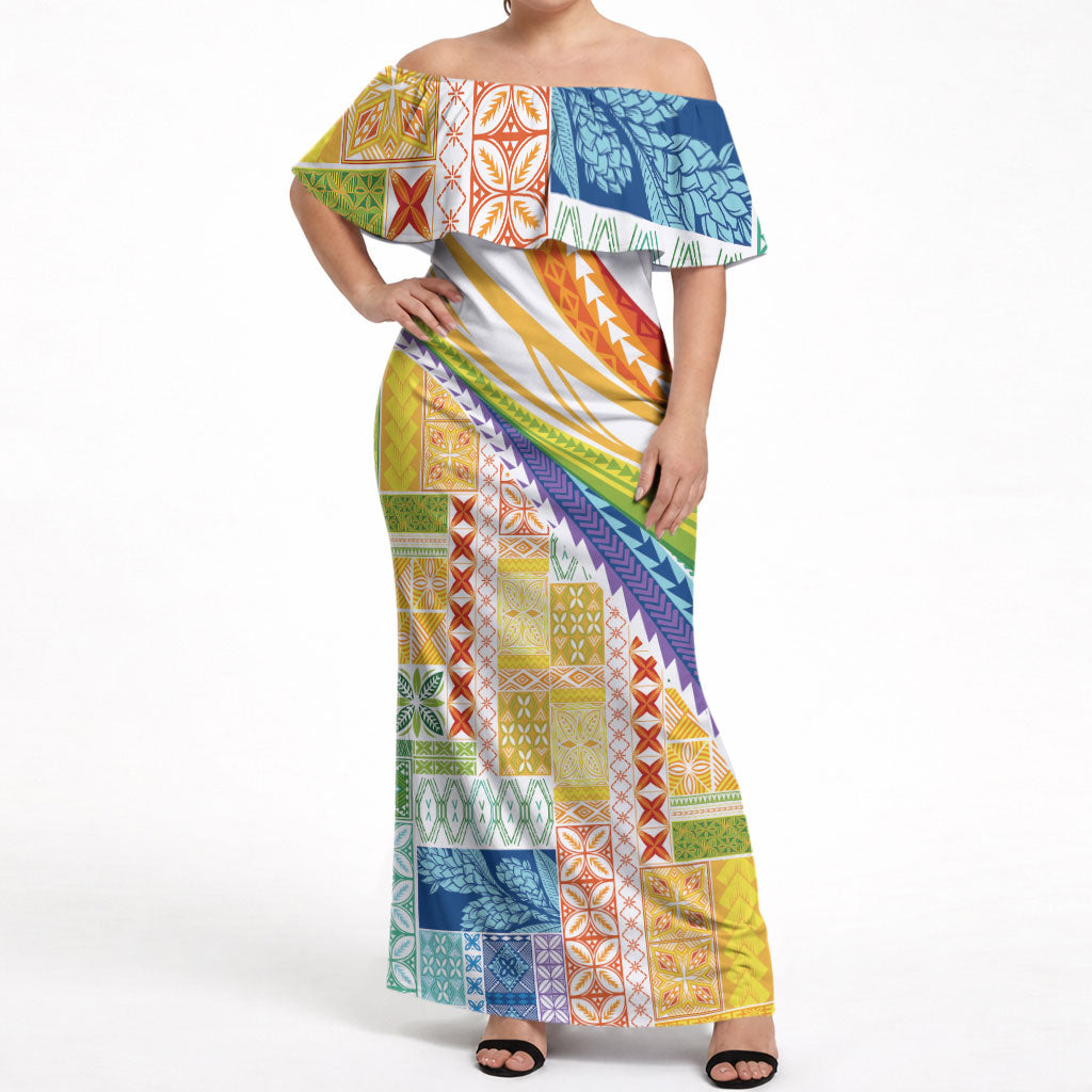 Pasifika Samoa Siapo Malu Tattoo Inspired Off Shoulder Maxi Dress Fa'afafine Rainbow Theme