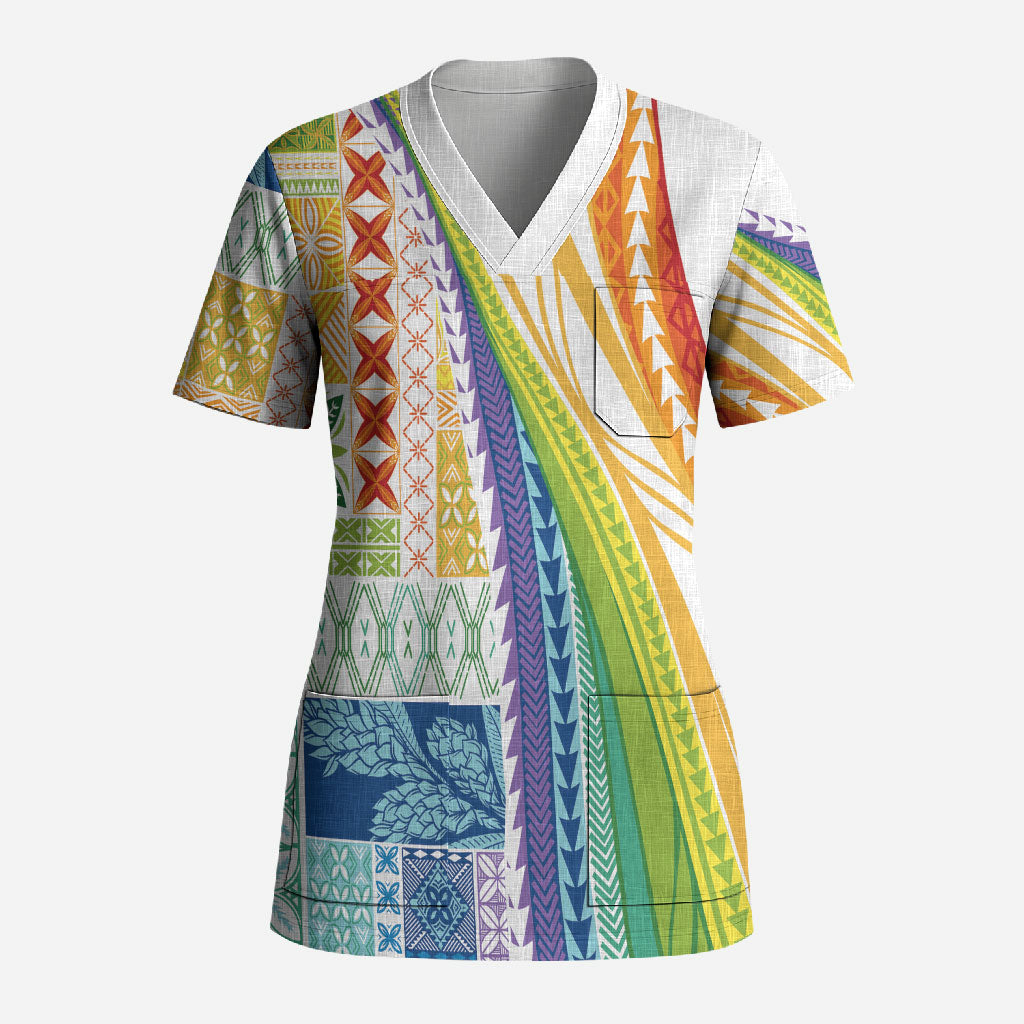 Pasifika Samoa Siapo Malu Tattoo Inspired Scrub Top Fa'afafine Rainbow Theme