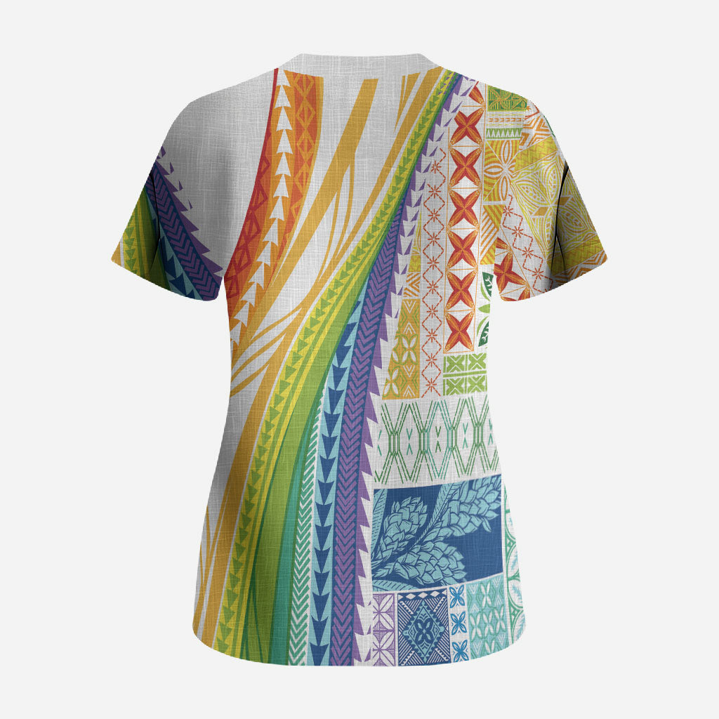 Pasifika Samoa Siapo Malu Tattoo Inspired Scrub Top Fa'afafine Rainbow Theme