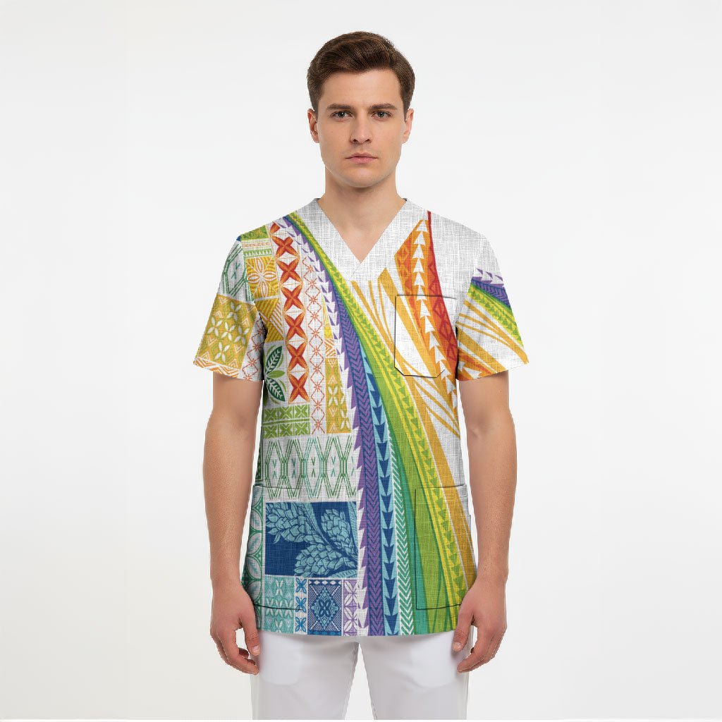 Pasifika Samoa Siapo Malu Tattoo Inspired Scrub Top Fa'afafine Rainbow Theme
