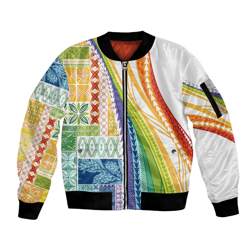 Pasifika Samoa Siapo Malu Tattoo Inspired Sleeve Zip Bomber Jacket Fa'afafine Rainbow Theme