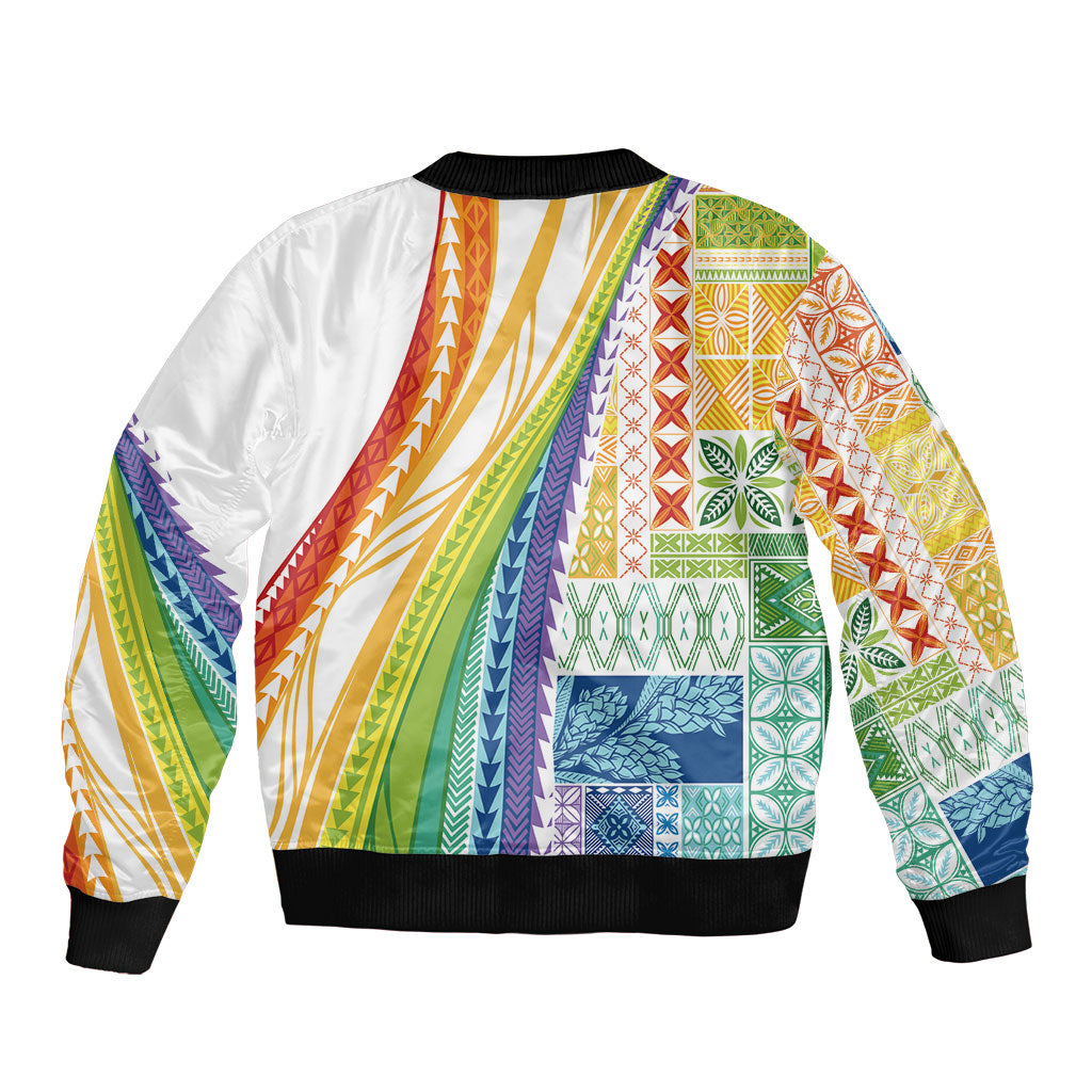 Pasifika Samoa Siapo Malu Tattoo Inspired Sleeve Zip Bomber Jacket Fa'afafine Rainbow Theme