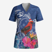 Personalized Samoa Christmas Scrub Top Cardinal Honeyeater Mix Siapo - Polynesian Pride