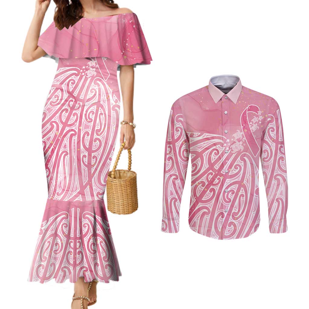 Breast Cancer Awareness Maori Couples Matching Mermaid Dress and Long Sleeve Button Shirt Kia Kaha Kia Maia Kia Manawanui - Polynesian Pride