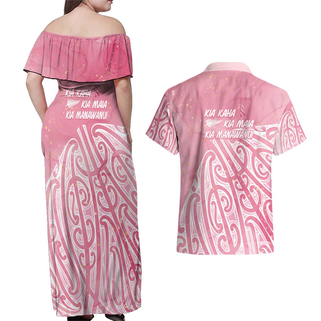 Breast Cancer Awareness Maori Couples Matching Off Shoulder Maxi Dress and Hawaiian Shirt Kia Kaha Kia Maia Kia Manawanui - Polynesian Pride