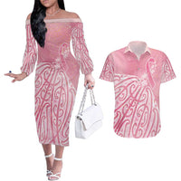 Breast Cancer Awareness Maori Couples Matching Off The Shoulder Long Sleeve Dress and Hawaiian Shirt Kia Kaha Kia Maia Kia Manawanui - Polynesian Pride
