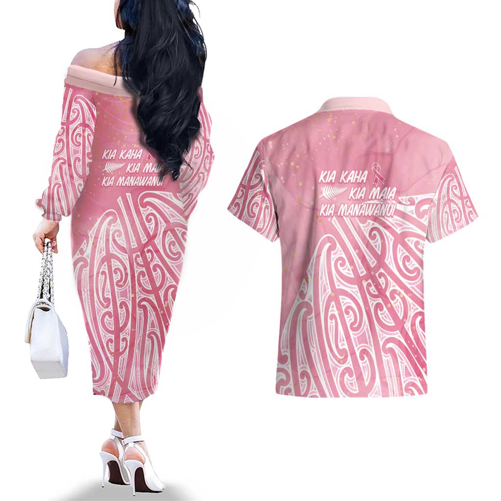 Breast Cancer Awareness Maori Couples Matching Off The Shoulder Long Sleeve Dress and Hawaiian Shirt Kia Kaha Kia Maia Kia Manawanui - Polynesian Pride