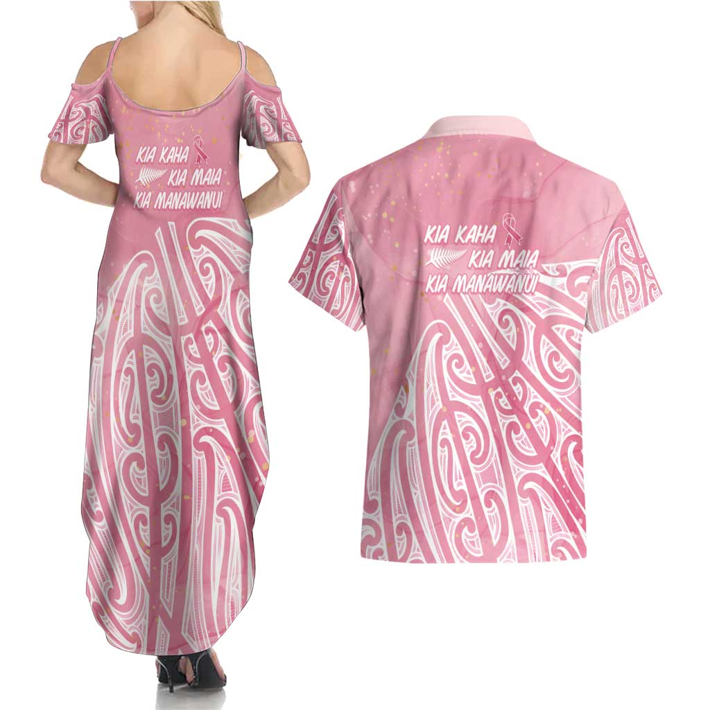 Breast Cancer Awareness Maori Couples Matching Summer Maxi Dress and Hawaiian Shirt Kia Kaha Kia Maia Kia Manawanui - Polynesian Pride