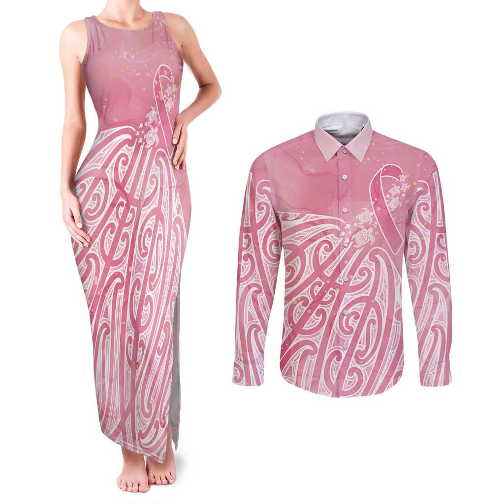 Breast Cancer Awareness Maori Couples Matching Tank Maxi Dress and Long Sleeve Button Shirt Kia Kaha Kia Maia Kia Manawanui - Polynesian Pride