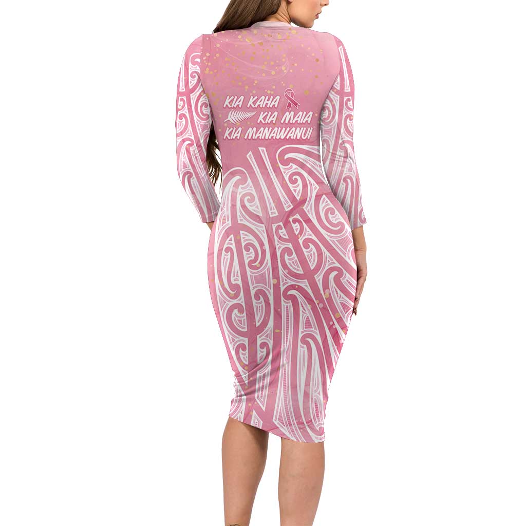 Breast Cancer Awareness Maori Family Matching Long Sleeve Bodycon Dress and Hawaiian Shirt Kia Kaha Kia Maia Kia Manawanui - Polynesian Pride