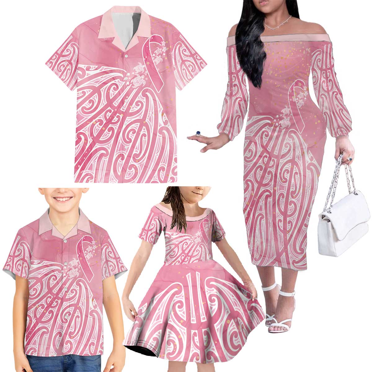 Breast Cancer Awareness Maori Family Matching Off The Shoulder Long Sleeve Dress and Hawaiian Shirt Kia Kaha Kia Maia Kia Manawanui - Polynesian Pride