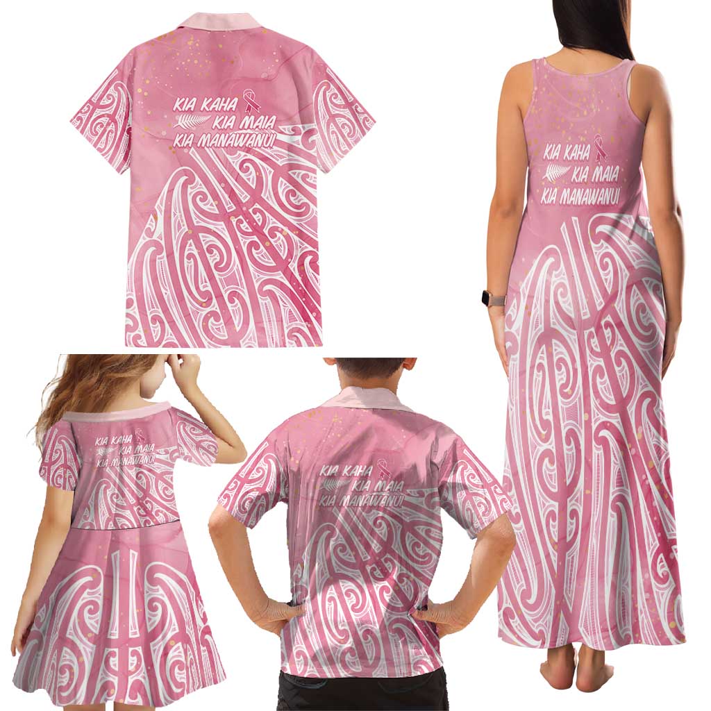 Breast Cancer Awareness Maori Family Matching Tank Maxi Dress and Hawaiian Shirt Kia Kaha Kia Maia Kia Manawanui - Polynesian Pride