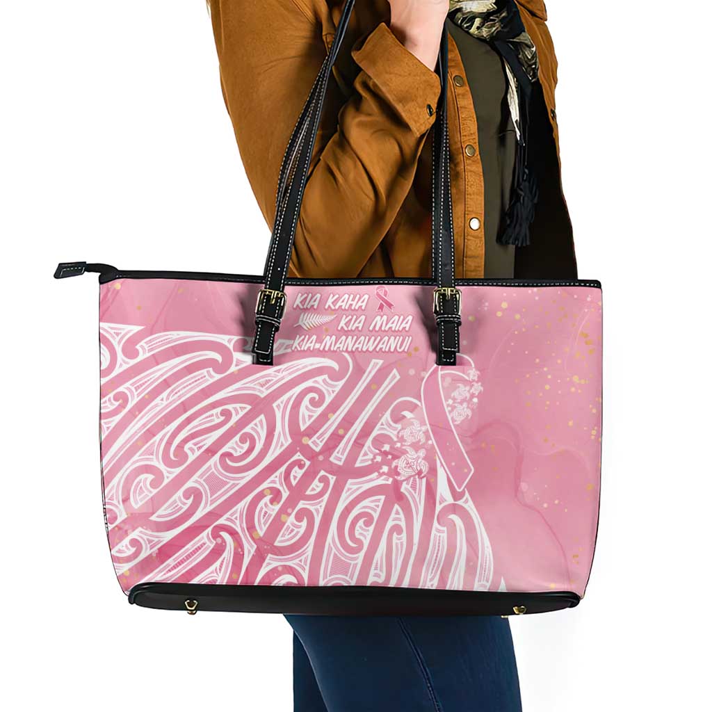 Breast Cancer Awareness Maori Leather Tote Bag Kia Kaha Kia Maia Kia Manawanui - Polynesian Pride