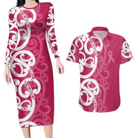 Breast Cancer Awareness Maori Couples Matching Long Sleeve Bodycon Dress and Hawaiian Shirt Koru Kowhaiwhai - Polynesian Pride