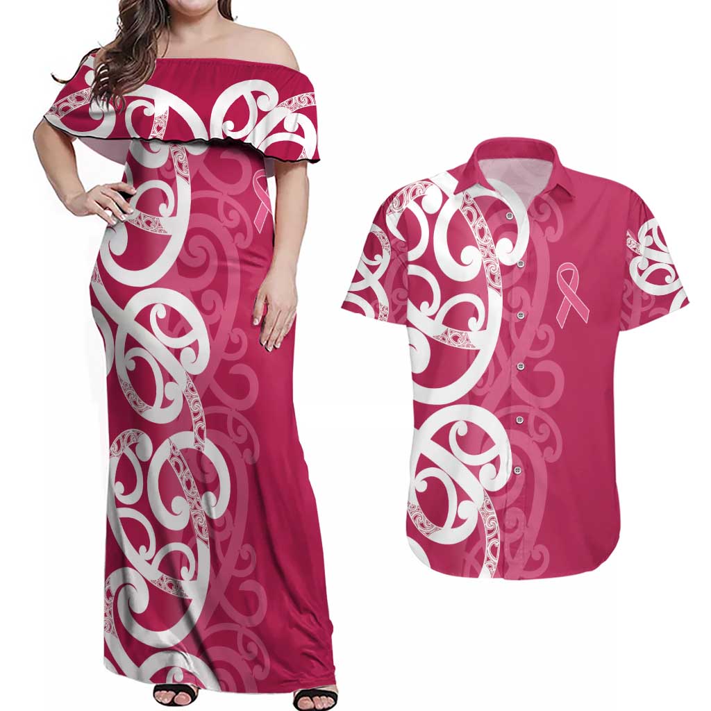 Breast Cancer Awareness Maori Couples Matching Off Shoulder Maxi Dress and Hawaiian Shirt Koru Kowhaiwhai - Polynesian Pride