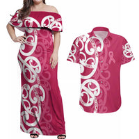 Breast Cancer Awareness Maori Couples Matching Off Shoulder Maxi Dress and Hawaiian Shirt Koru Kowhaiwhai - Polynesian Pride