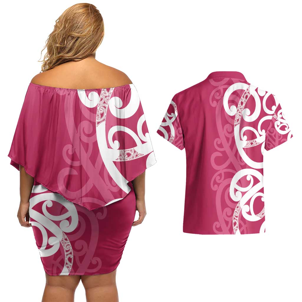 Breast Cancer Awareness Maori Couples Matching Off Shoulder Short Dress and Hawaiian Shirt Koru Kowhaiwhai - Polynesian Pride