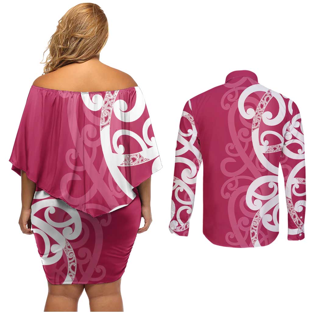 Breast Cancer Awareness Maori Couples Matching Off Shoulder Short Dress and Long Sleeve Button Shirt Koru Kowhaiwhai - Polynesian Pride