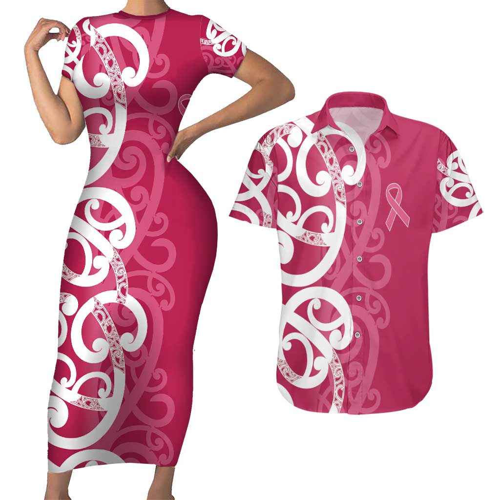 Breast Cancer Awareness Maori Couples Matching Short Sleeve Bodycon Dress and Hawaiian Shirt Koru Kowhaiwhai - Polynesian Pride
