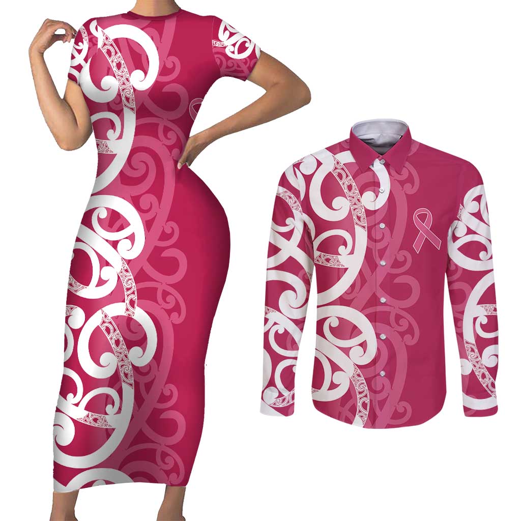 Breast Cancer Awareness Maori Couples Matching Short Sleeve Bodycon Dress and Long Sleeve Button Shirt Koru Kowhaiwhai - Polynesian Pride