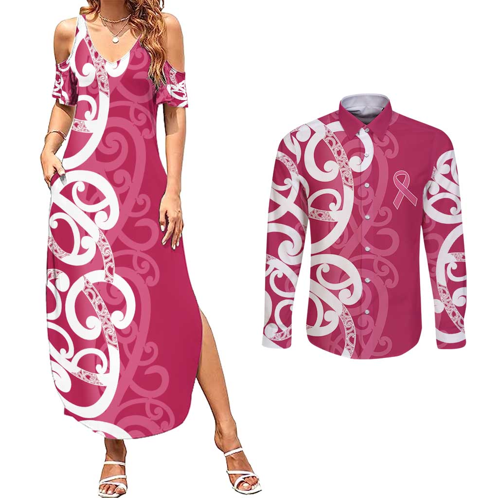 Breast Cancer Awareness Maori Couples Matching Summer Maxi Dress and Long Sleeve Button Shirt Koru Kowhaiwhai - Polynesian Pride