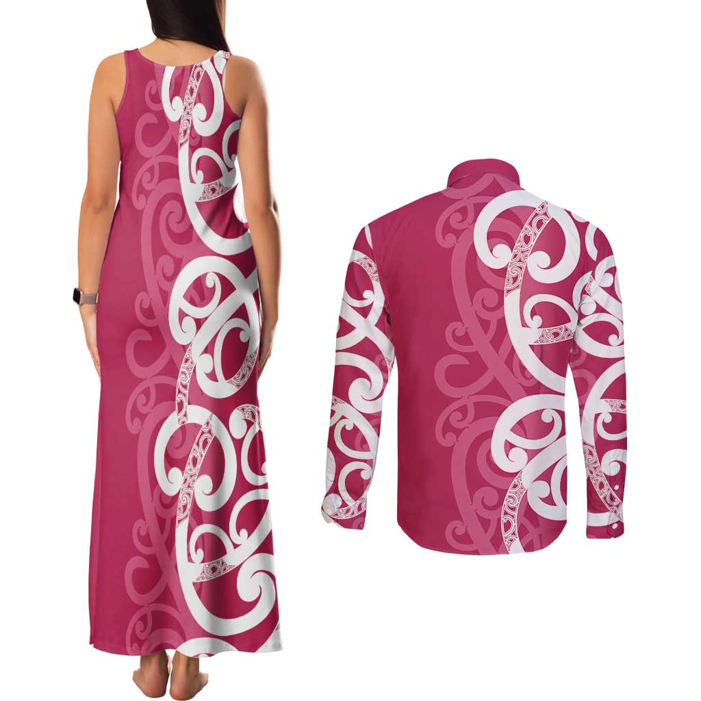 Breast Cancer Awareness Maori Couples Matching Tank Maxi Dress and Long Sleeve Button Shirt Koru Kowhaiwhai - Polynesian Pride