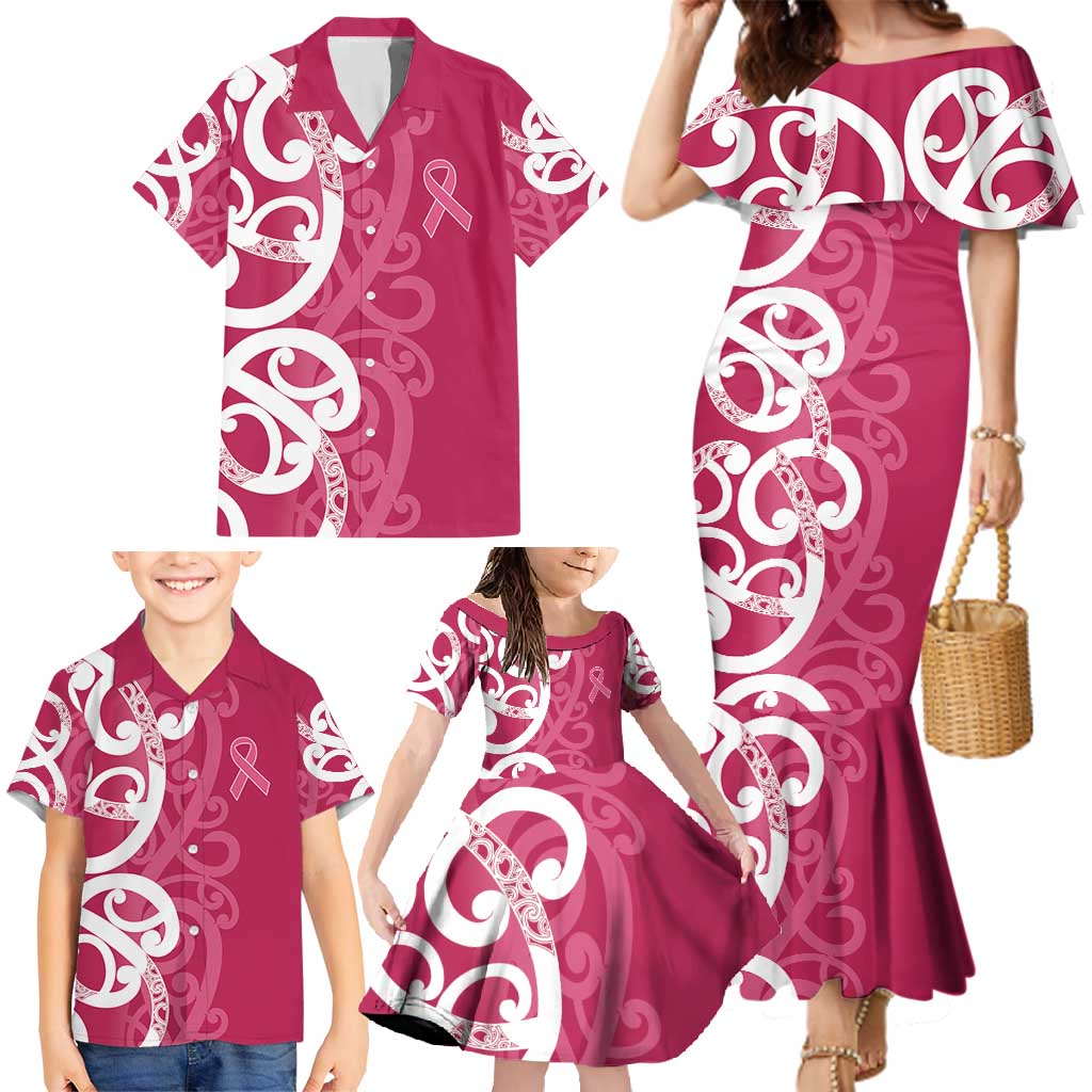 Breast Cancer Awareness Maori Family Matching Mermaid Dress and Hawaiian Shirt Koru Kowhaiwhai - Polynesian Pride
