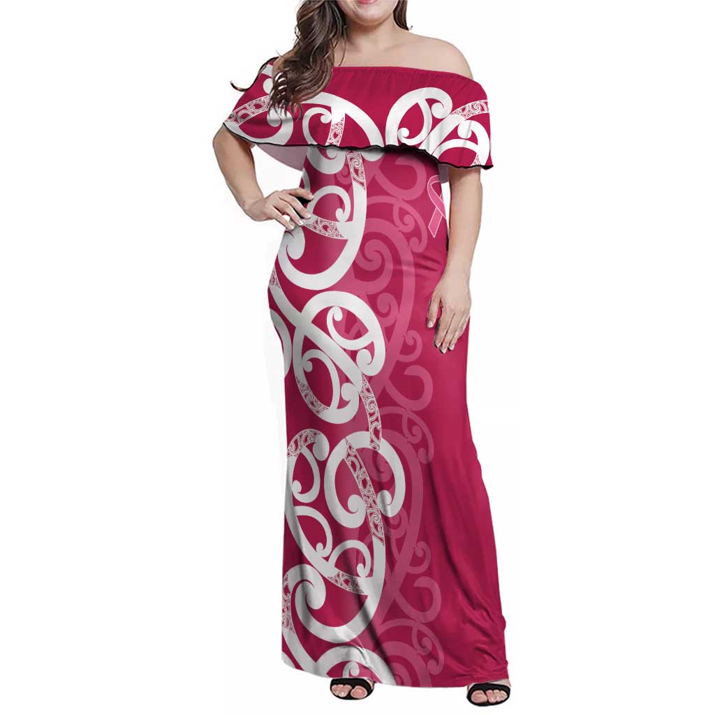 Breast Cancer Awareness Maori Family Matching Off Shoulder Maxi Dress and Hawaiian Shirt Koru Kowhaiwhai - Polynesian Pride