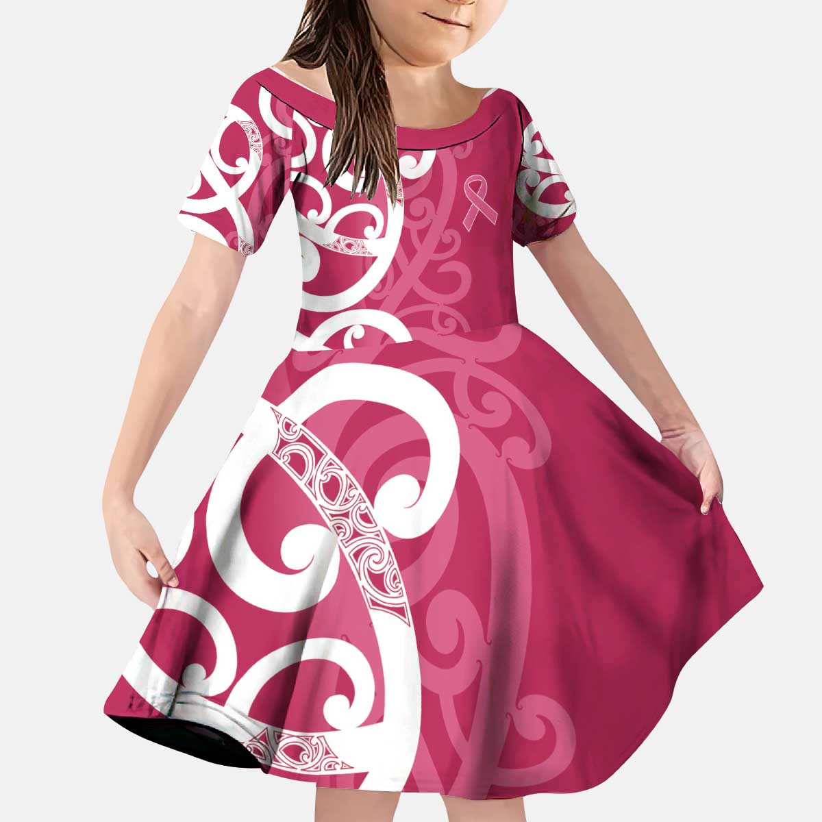 Breast Cancer Awareness Maori Kid Short Sleeve Dress Koru Kowhaiwhai - Polynesian Pride