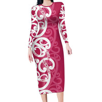 Breast Cancer Awareness Maori Long Sleeve Bodycon Dress Koru Kowhaiwhai LT7 Long Dress Pink - Polynesian Pride