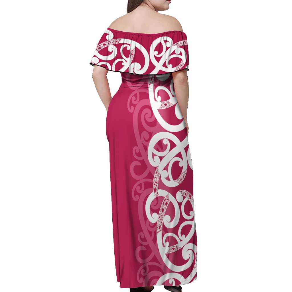 Breast Cancer Awareness Maori Off Shoulder Maxi Dress Koru Kowhaiwhai - Polynesian Pride