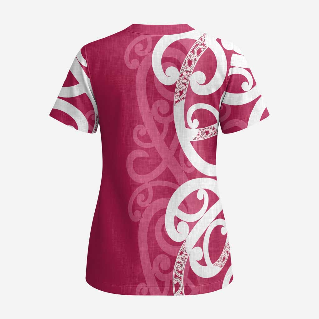Breast Cancer Awareness Maori Scrub Top Koru Kowhaiwhai - Polynesian Pride