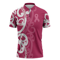 Breast Cancer Awareness Maori Zipper Polo Shirt Koru Kowhaiwhai - Polynesian Pride