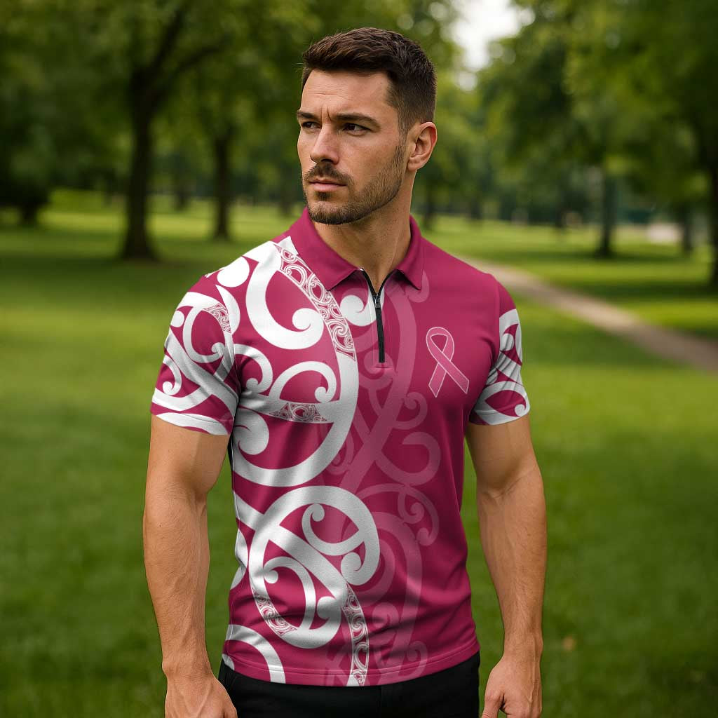 Breast Cancer Awareness Maori Zipper Polo Shirt Koru Kowhaiwhai - Polynesian Pride