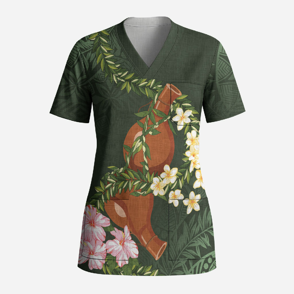 Aloha Hawaii Ipu Gourd Mix Maile Lei Scrub Top Sage Green