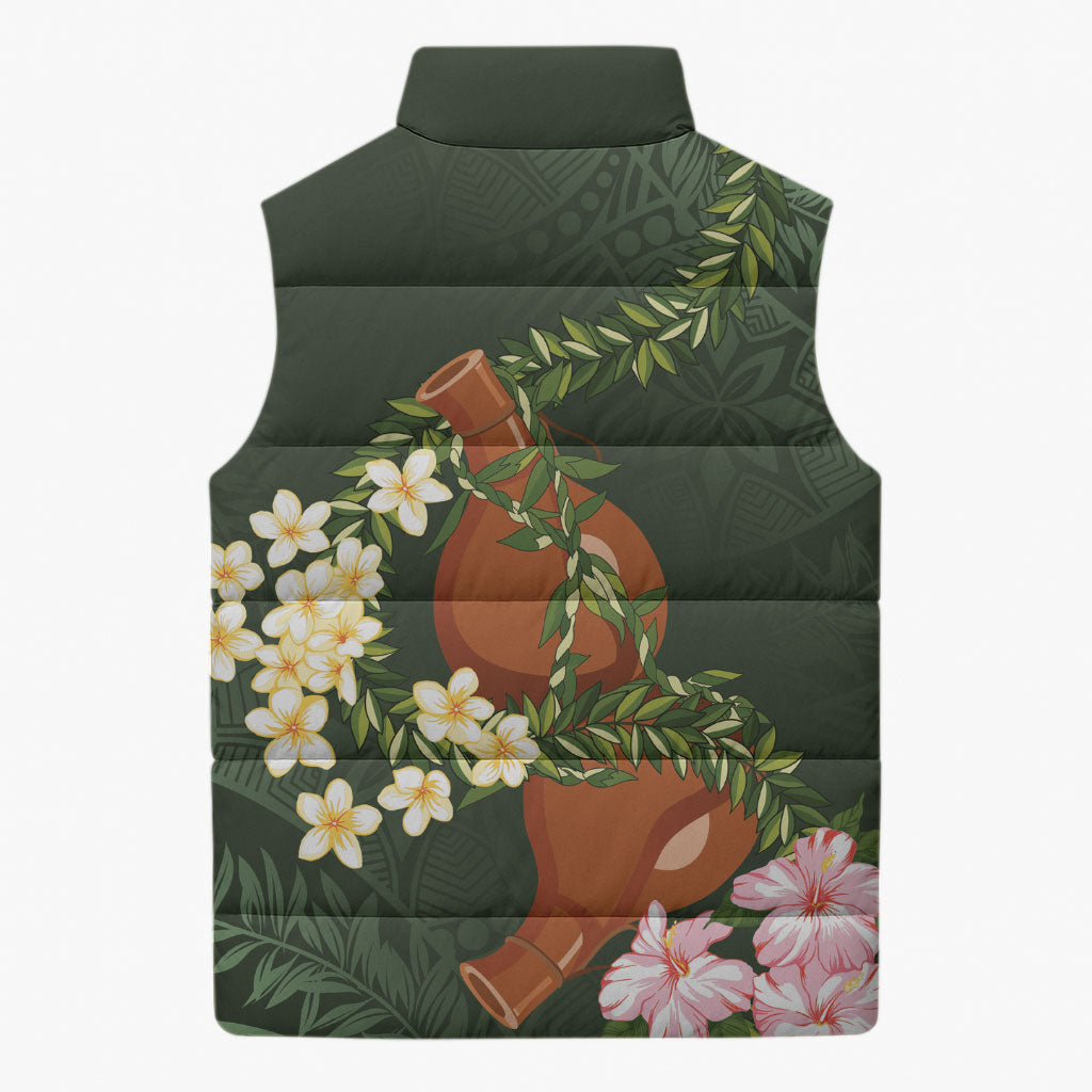 Aloha Hawaii Ipu Gourd Mix Maile Lei Sleeveless Puffer Jacket Sage Green LT7 - Polynesian Pride
