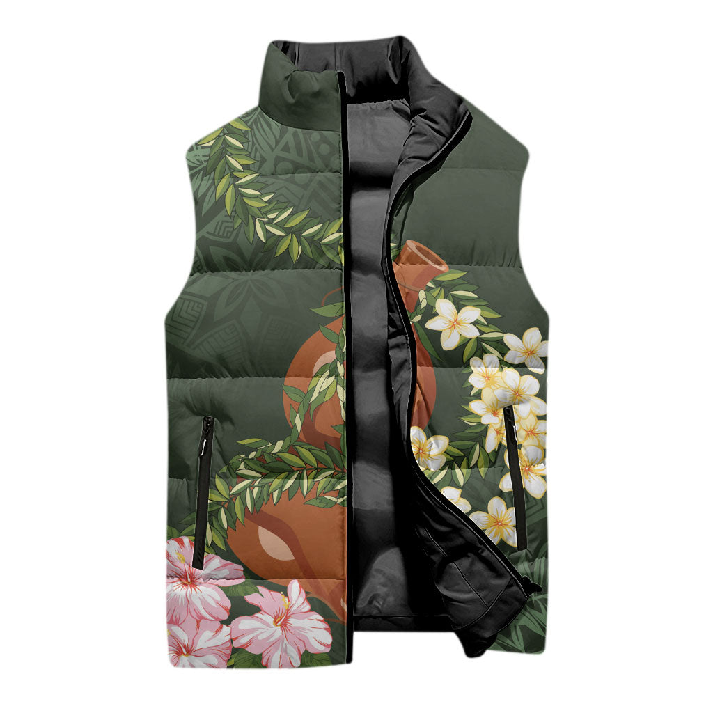 Aloha Hawaii Ipu Gourd Mix Maile Lei Sleeveless Puffer Jacket Sage Green LT7 - Polynesian Pride