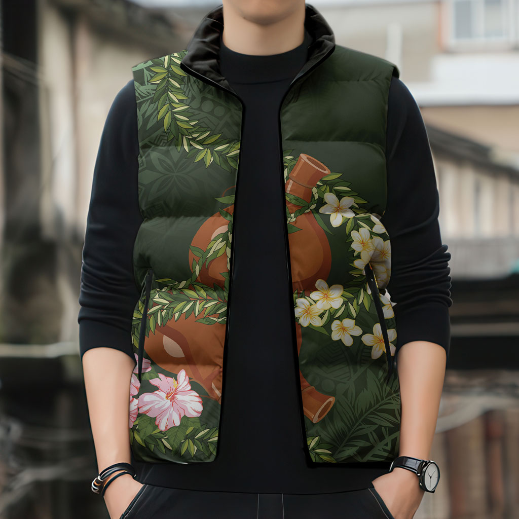 Aloha Hawaii Ipu Gourd Mix Maile Lei Sleeveless Puffer Jacket Sage Green LT7 - Polynesian Pride