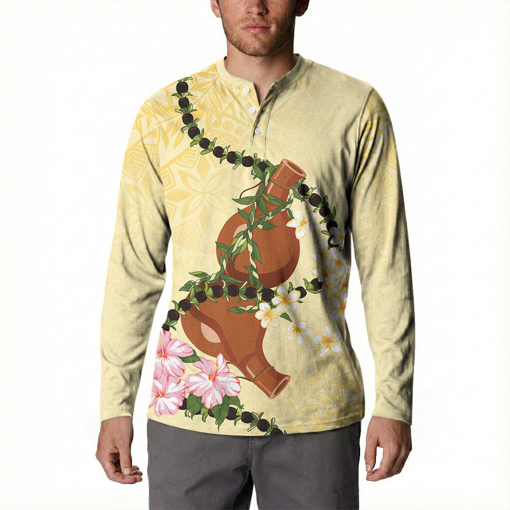 Aloha Hawaii Ipu Gourd Mix Kukui Nut Lei Button Sweatshirt Lemon Yellow LT7 - Polynesian Pride