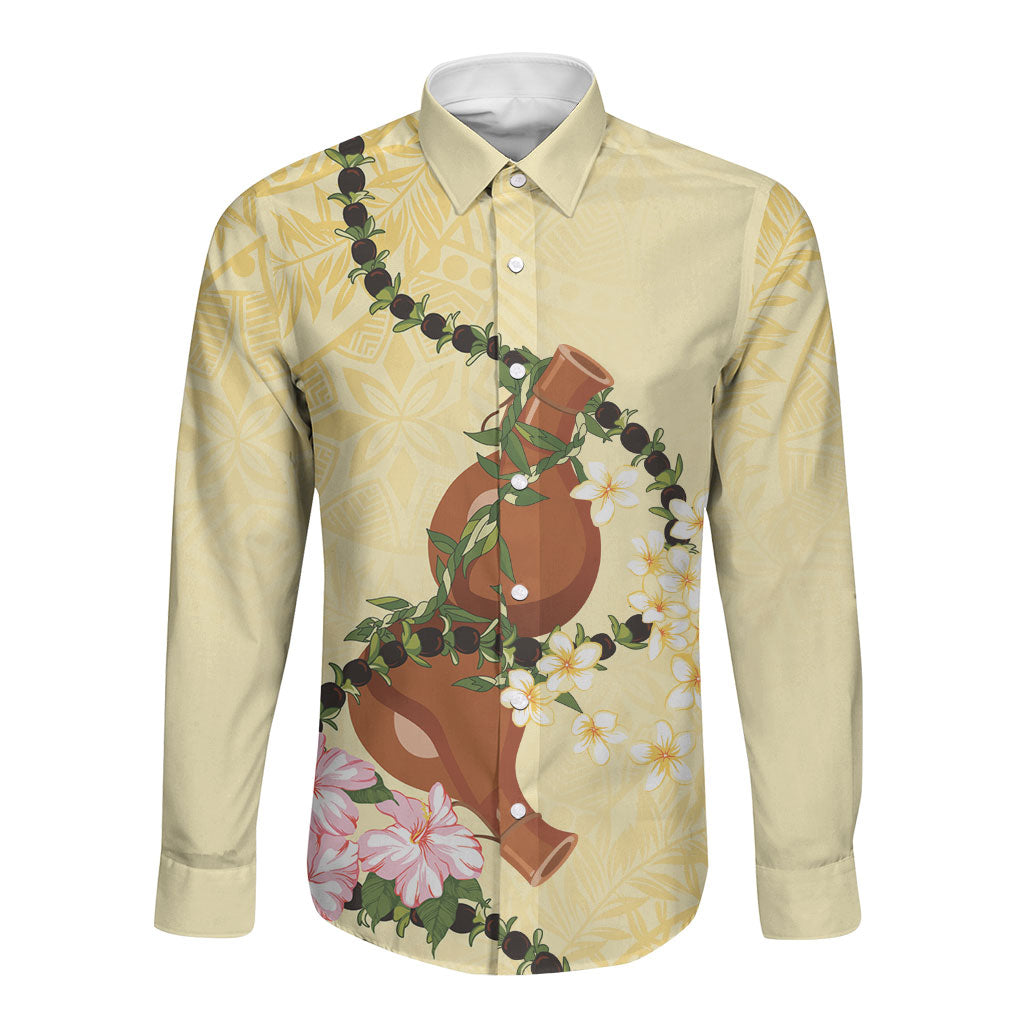 Aloha Hawaii Ipu Gourd Mix Kukui Nut Lei Long Sleeve Button Shirt Lemon Yellow LT7 Unisex Lemon Yellow - Polynesian Pride