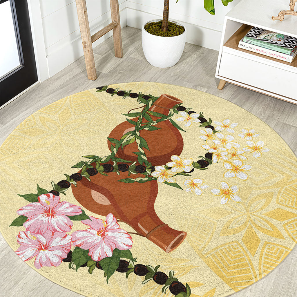 Aloha Hawaii Ipu Gourd Mix Kukui Nut Lei Round Carpet Lemon Yellow
