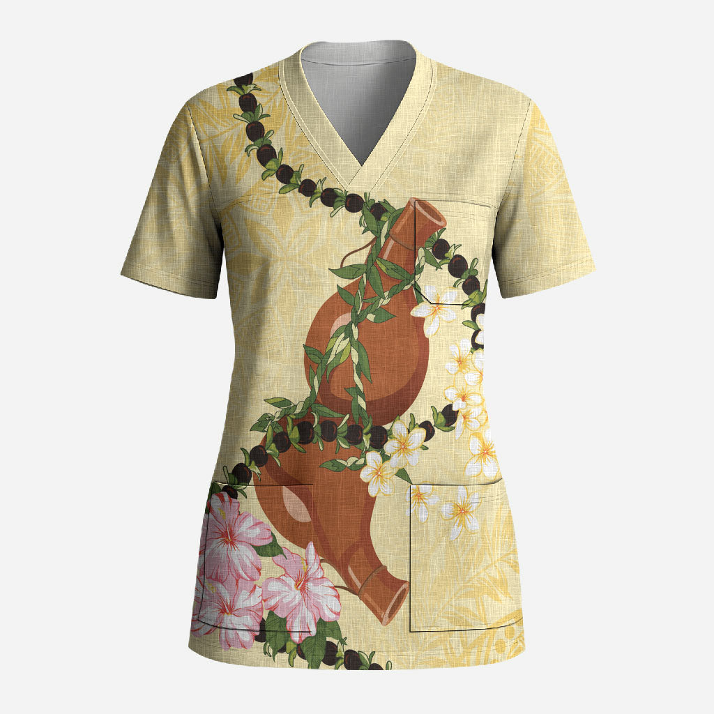 Aloha Hawaii Ipu Gourd Mix Kukui Nut Lei Scrub Top Lemon Yellow