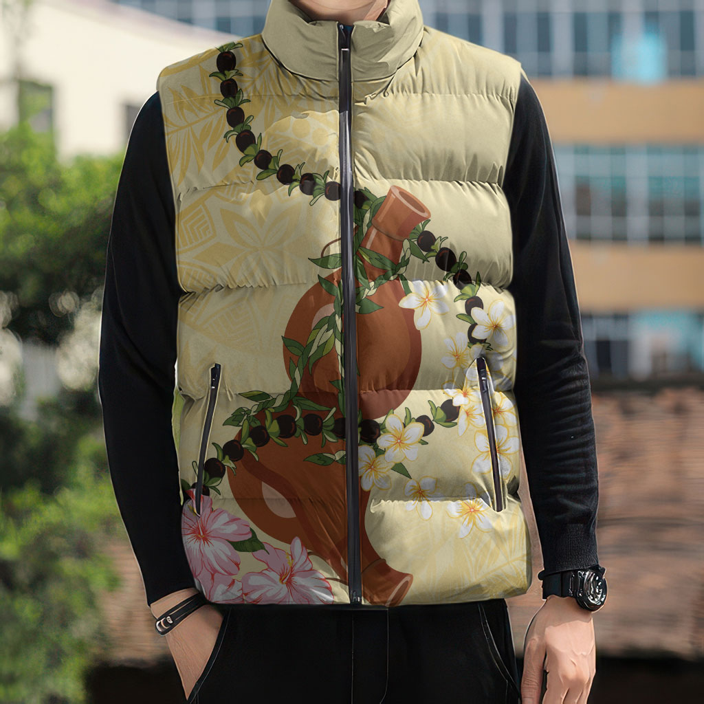 Aloha Hawaii Ipu Gourd Mix Kukui Nut Lei Sleeveless Puffer Jacket Lemon Yellow LT7 - Polynesian Pride