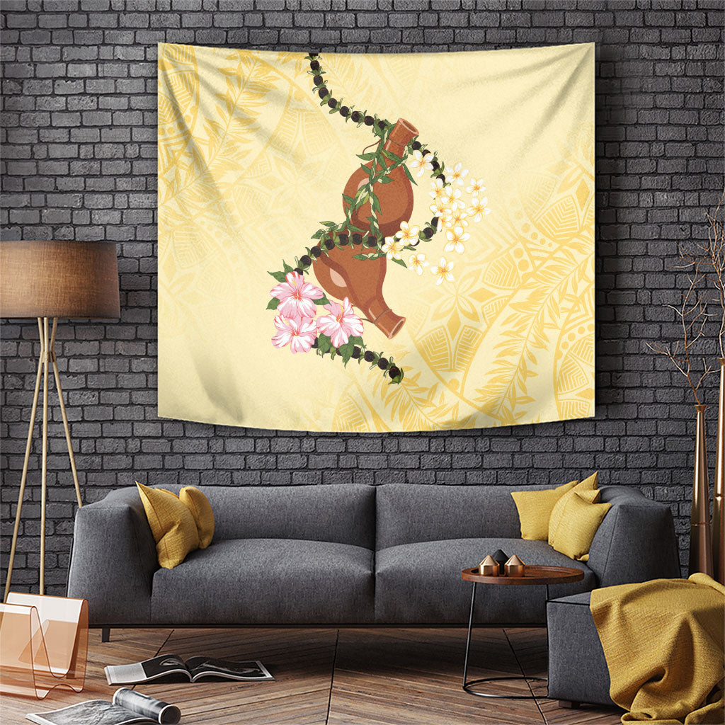 Aloha Hawaii Ipu Gourd Mix Kukui Nut Lei Tapestry Lemon Yellow
