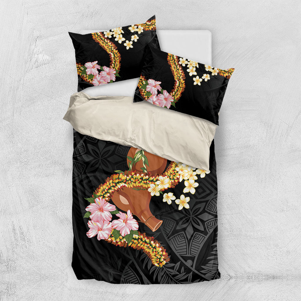 Aloha Hawaii Ipu Gourd Mix ʻĀkulikuli Lei Bedding Set Obsidian Black LT7 US Twin 172cm x 218cm Obsidian Black - Polynesian Pride
