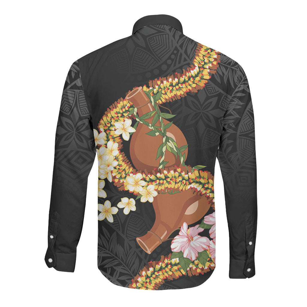 Aloha Hawaii Ipu Gourd Mix ʻĀkulikuli Lei Long Sleeve Button Shirt Obsidian Black LT7 - Polynesian Pride